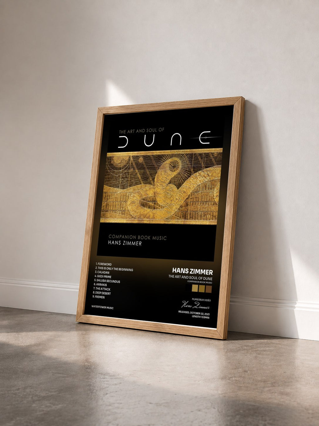 #bois Tableau de l'album The Art and Soul of Dune (Companion Book Music) de Hans Zimmer vu de trois quarts, cadre en bois brut