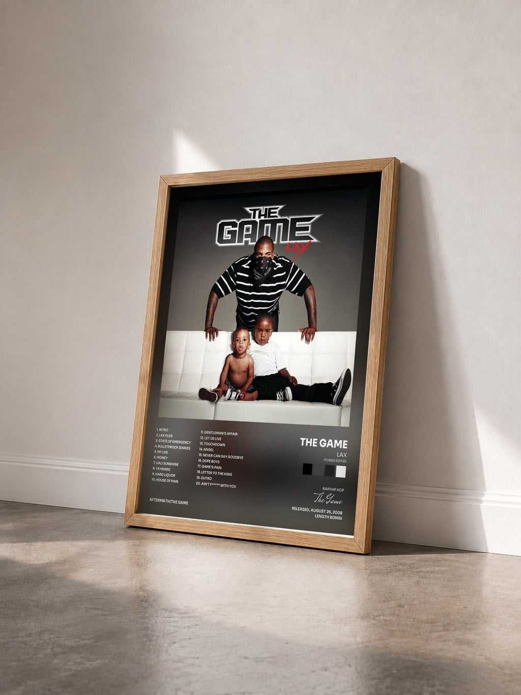 #bois Tableau de l'album LAX (iTunes Edited) de The Game vu de trois quarts, cadre en bois brut