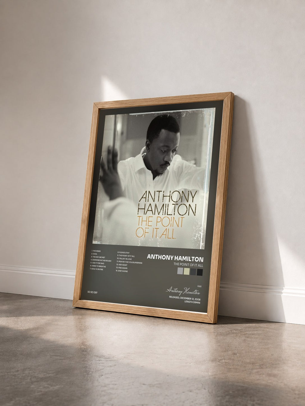 #bois Tableau de l'album The Point Of It All de Anthony Hamilton vu de trois quarts, cadre en bois brut
