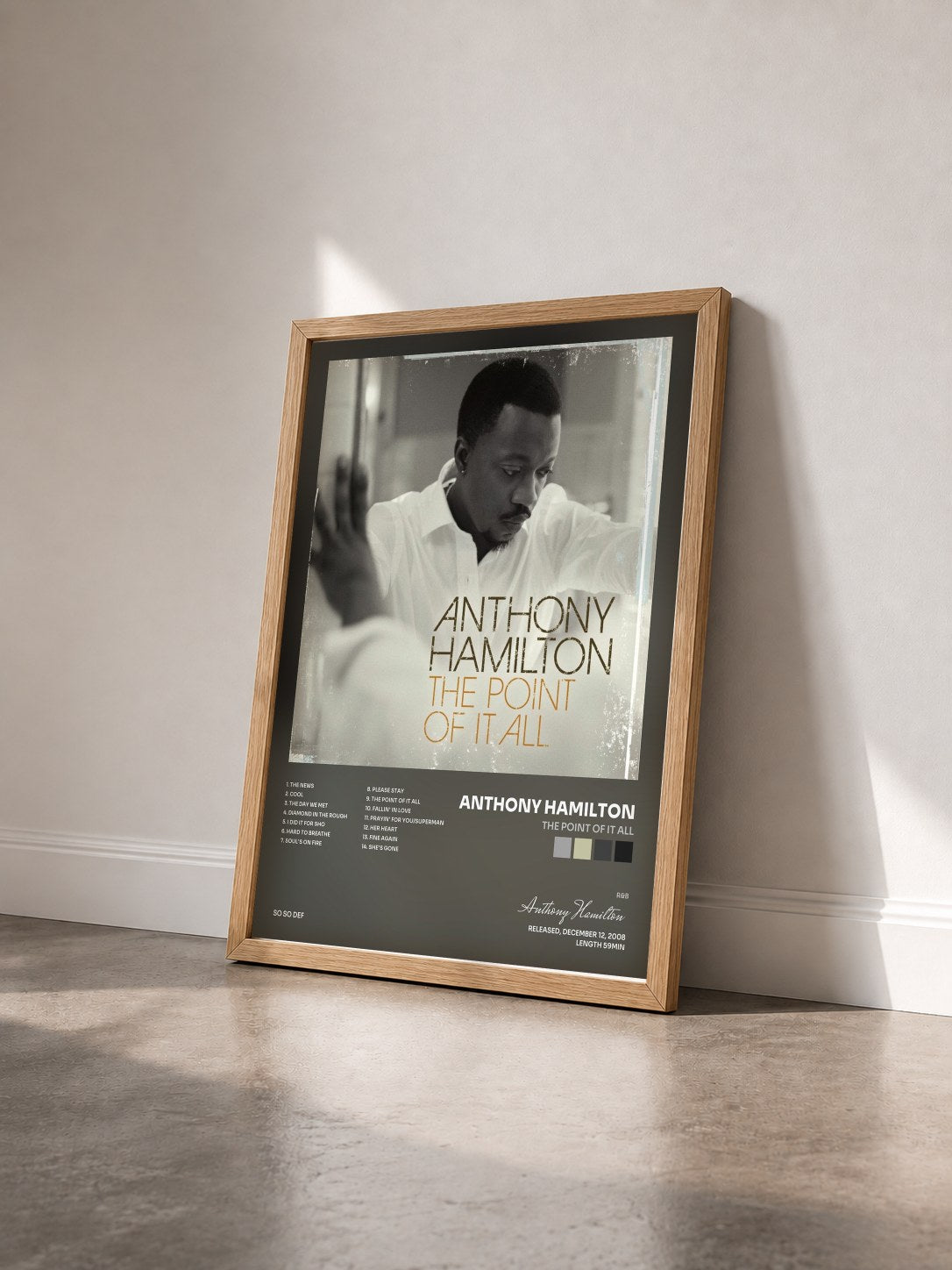 #bois Tableau de l'album The Point Of It All de Anthony Hamilton vu de trois quarts, cadre en bois brut