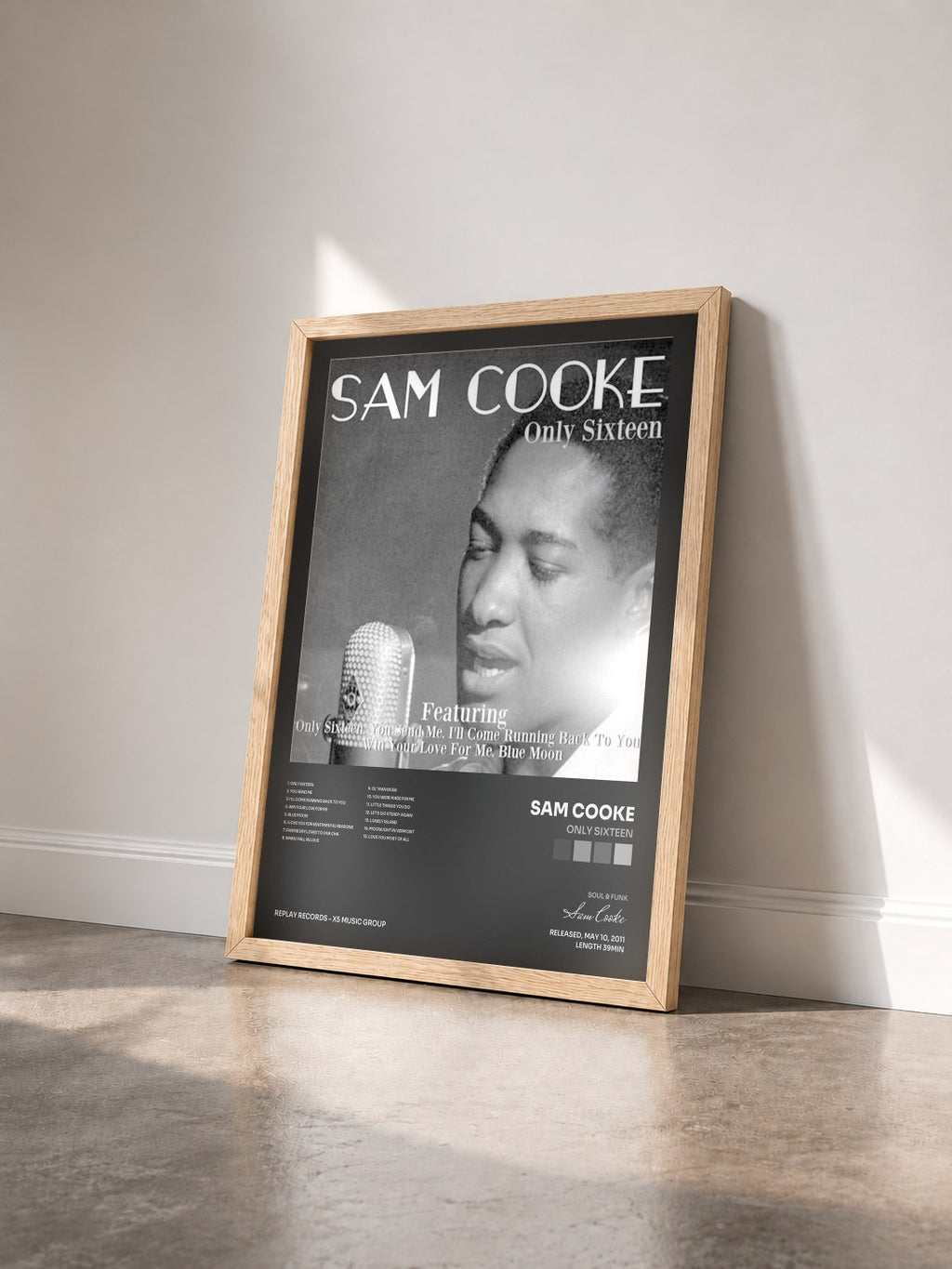 #bois Tableau de l'album Only Sixteen de Sam Cooke vu de trois quarts, cadre en bois brut
