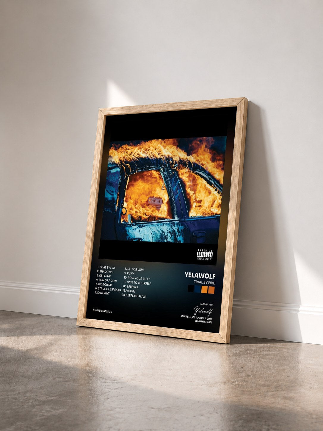 #bois Tableau de l'album Trial By Fire de Yelawolf vu de trois quarts, cadre en bois brut