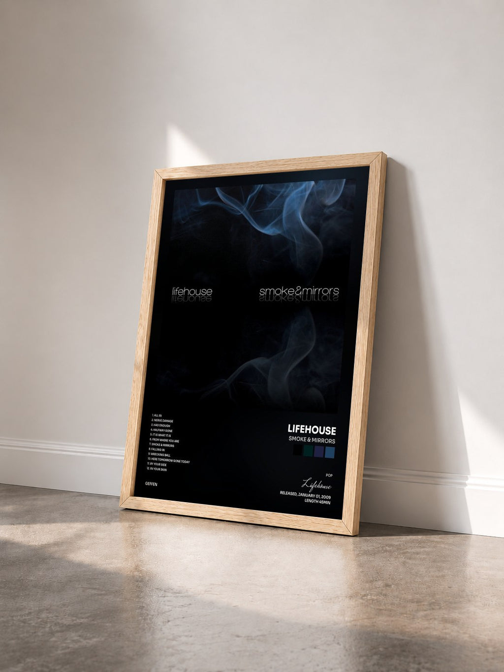 #bois Tableau de l'album Smoke & Mirrors de Lifehouse vu de trois quarts, cadre en bois brut
