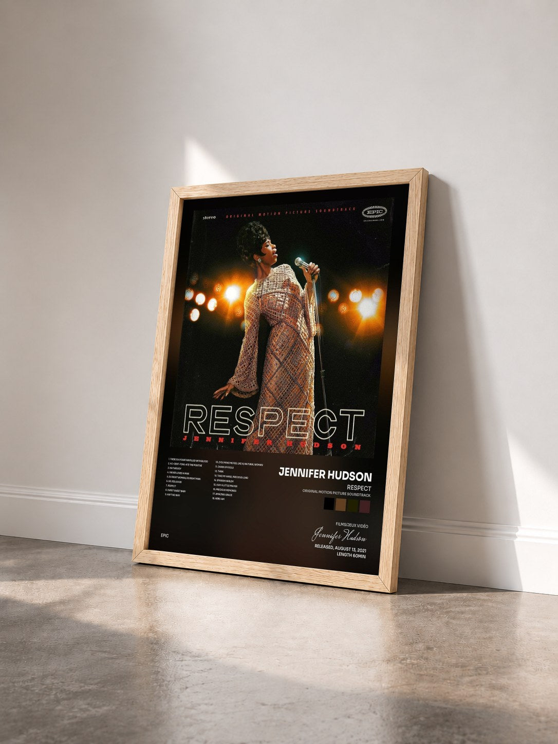 #bois Tableau de l'album RESPECT (Original Motion Picture Soundtrack) de Jennifer Hudson vu de trois quarts, cadre en bois brut