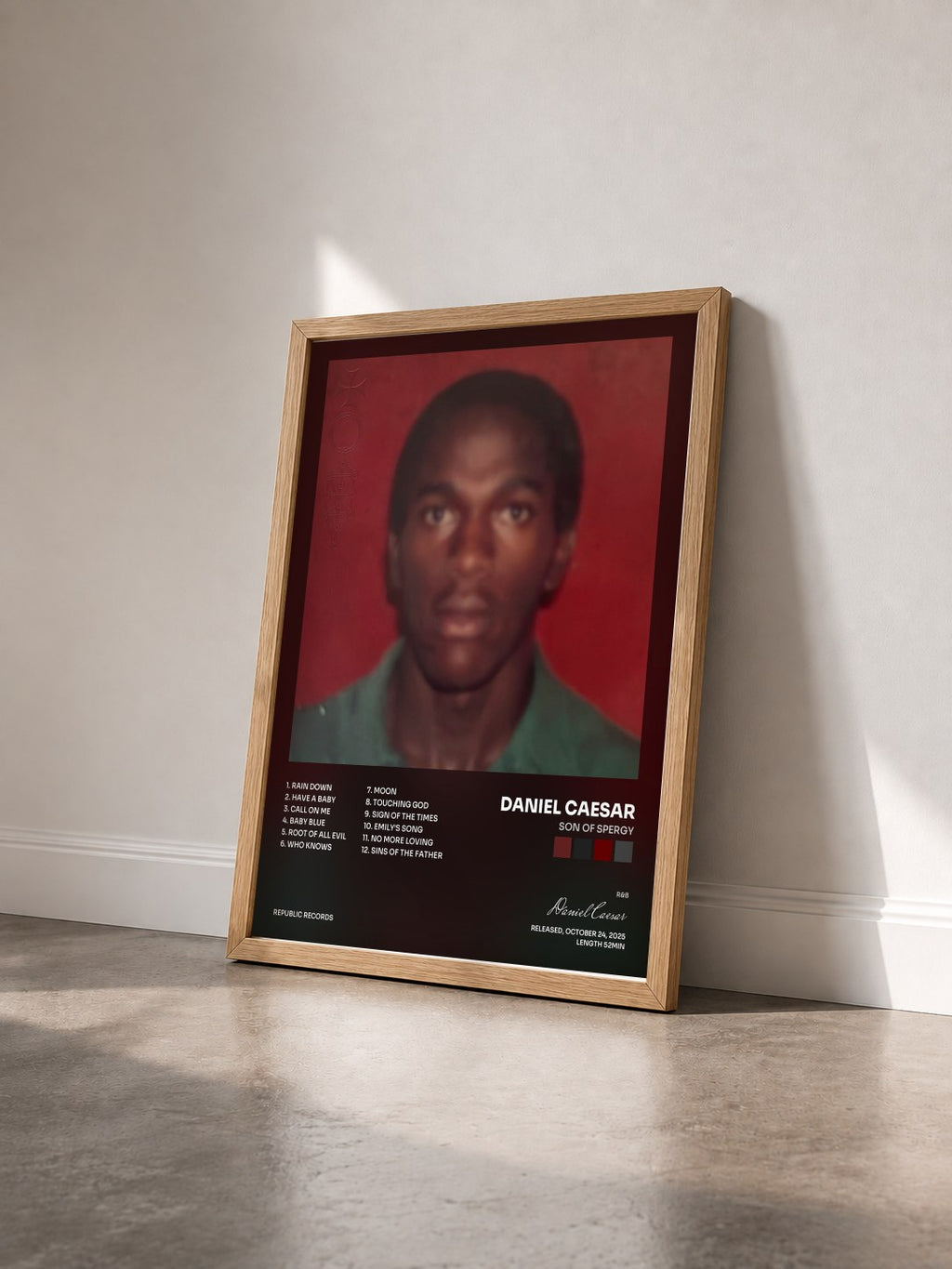 #bois Tableau de l'album Son Of Spergy de Daniel Caesar vu de trois quarts, cadre en bois brut