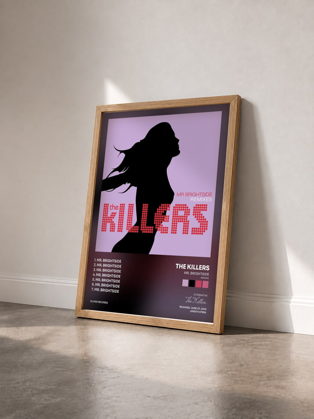 #bois Tableau de l'album Mr. Brightside (Remixes) de The Killers vu de trois quarts, cadre en bois brut