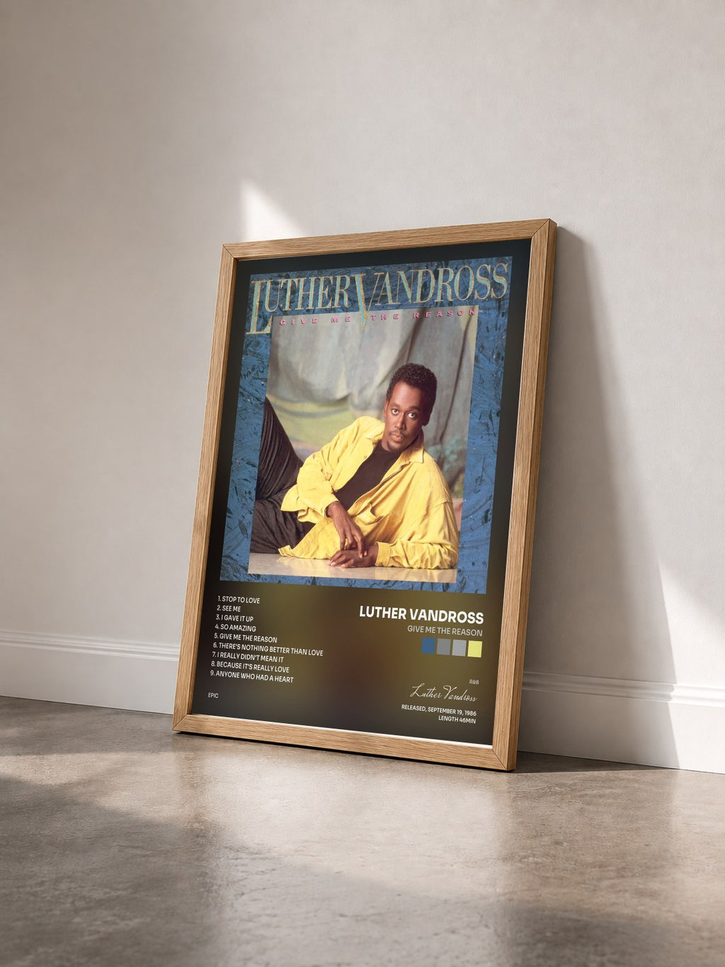 #bois Tableau de l'album Give Me The Reason de Luther Vandross vu de trois quarts, cadre en bois brut