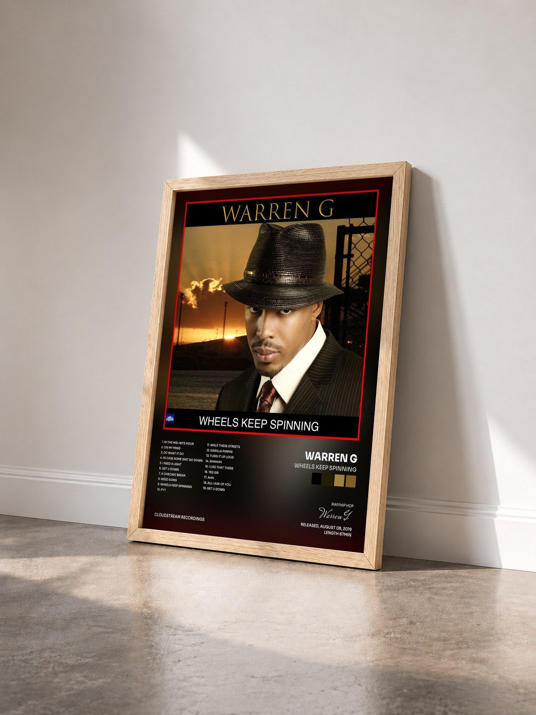 #bois Tableau de l'album Wheels Keep Spinning de Warren G vu de trois quarts, cadre en bois brut
