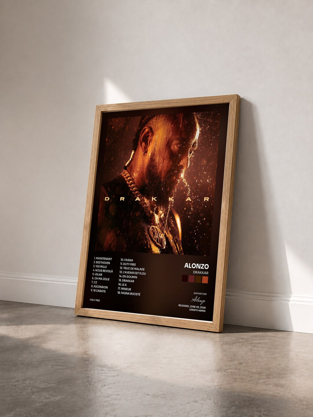#bois Tableau de l'album DRAKKAR de Alonzo vu de trois quarts, cadre en bois brut