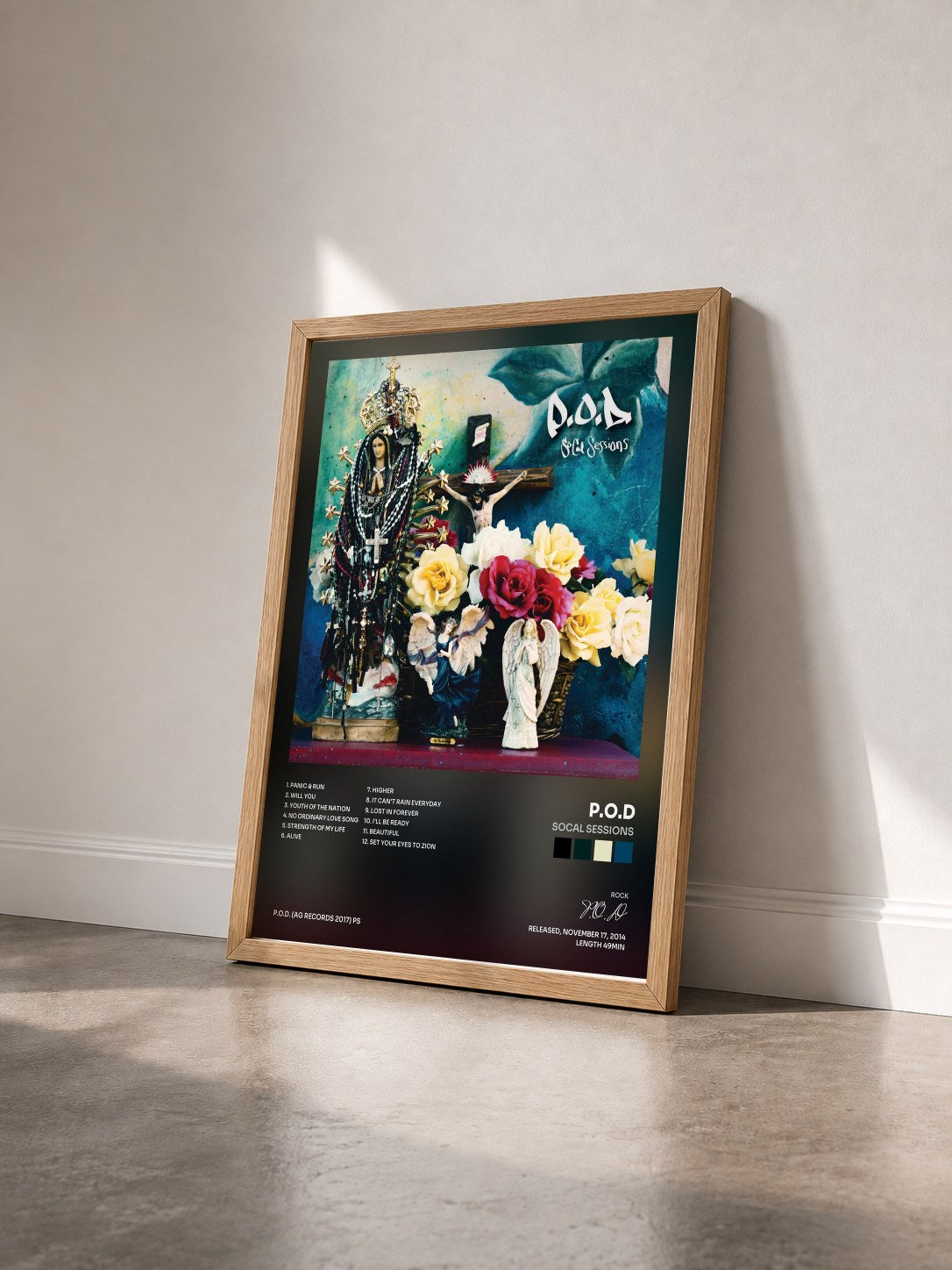 #bois Tableau de l'album SoCal Sessions de P.O.D vu de trois quarts, cadre en bois brut