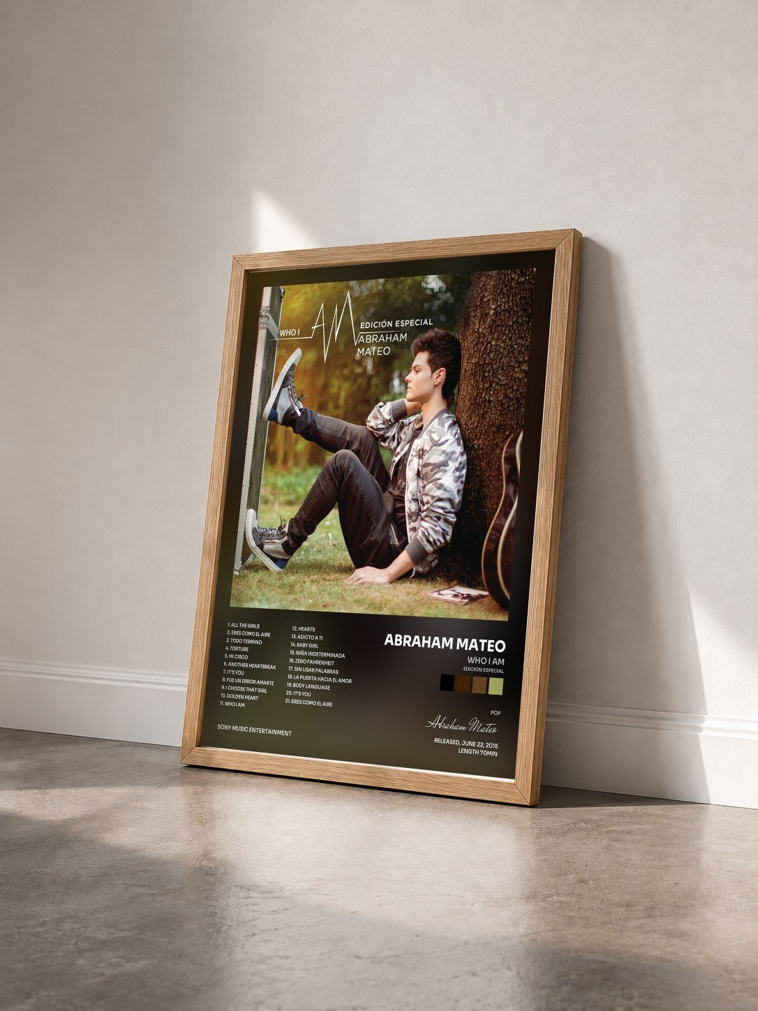 #bois Tableau de l'album Who I AM (Edicion Especial) de Abraham Mateo vu de trois quarts, cadre en bois brut