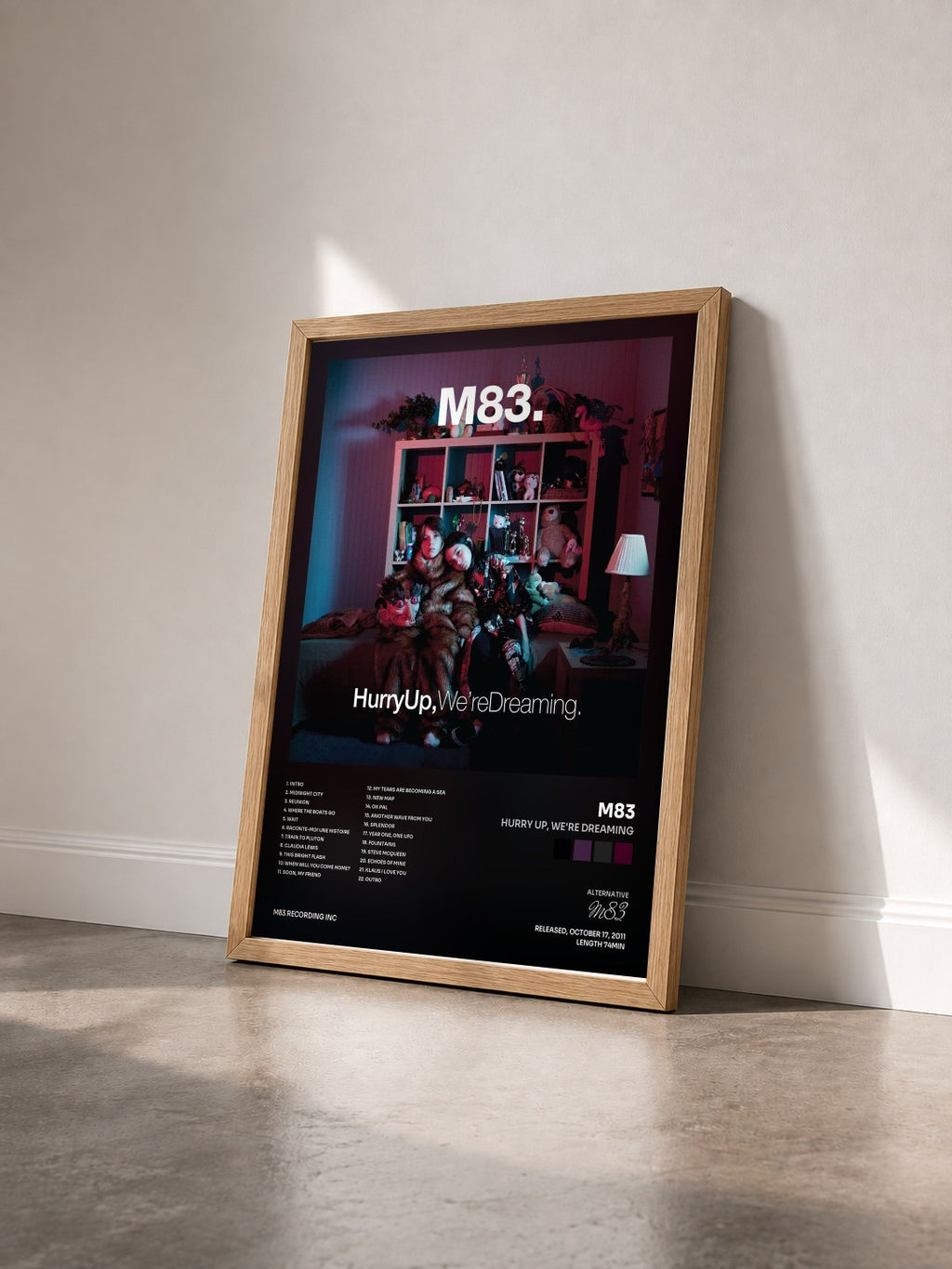 #bois Tableau de l'album Hurry up, We're Dreaming de M83 vu de trois quarts, cadre en bois brut