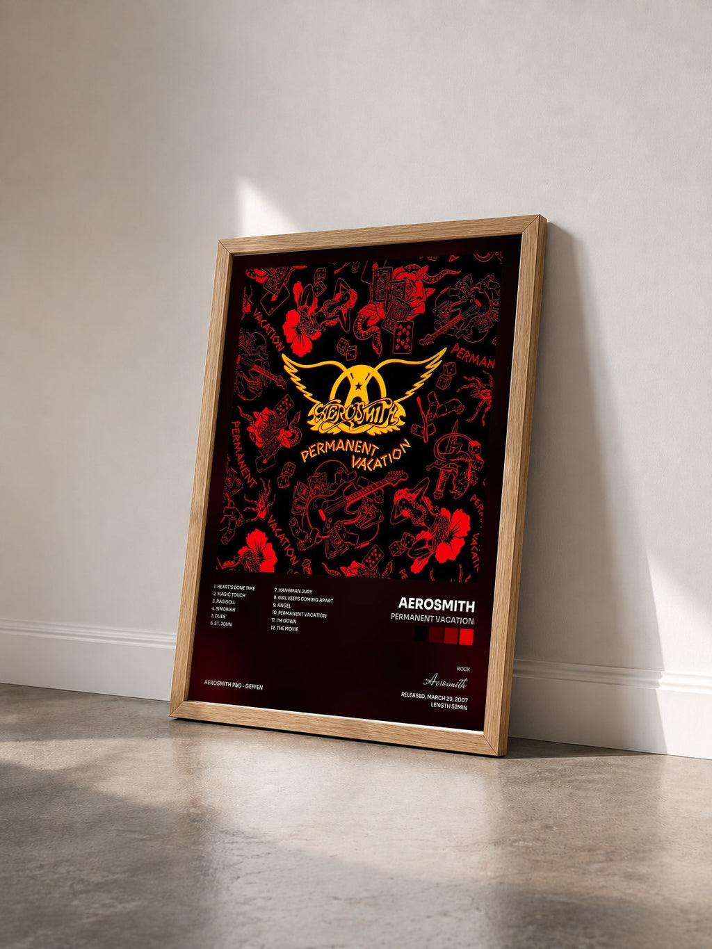 #bois Tableau de l'album Permanent Vacation de Aerosmith vu de trois quarts, cadre en bois brut