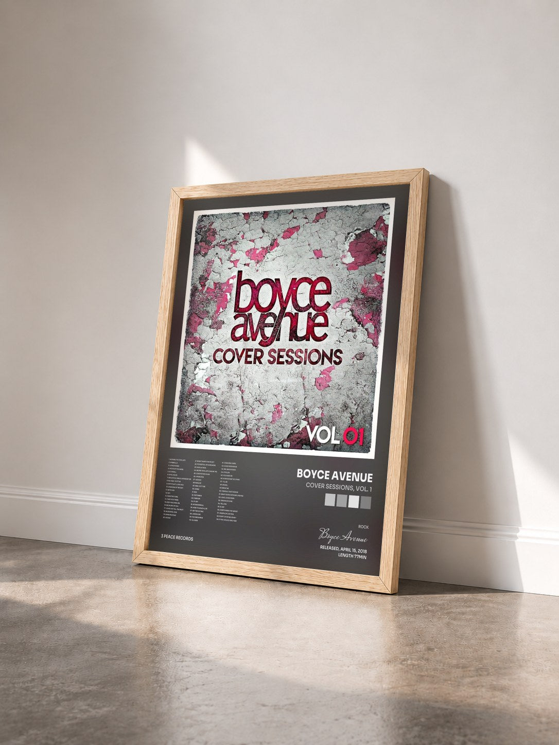 #bois Tableau de l'album Cover Sessions, Vol. 1 de Boyce Avenue vu de trois quarts, cadre en bois brut