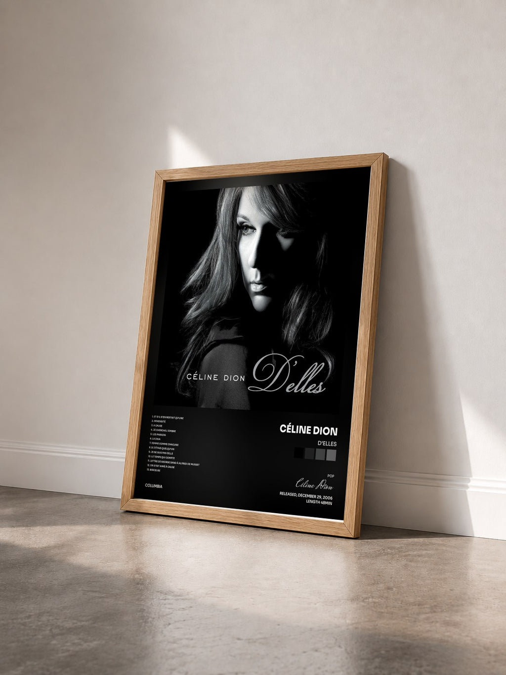 #bois Tableau de l'album D'elles de Céline Dion vu de trois quarts, cadre en bois brut
