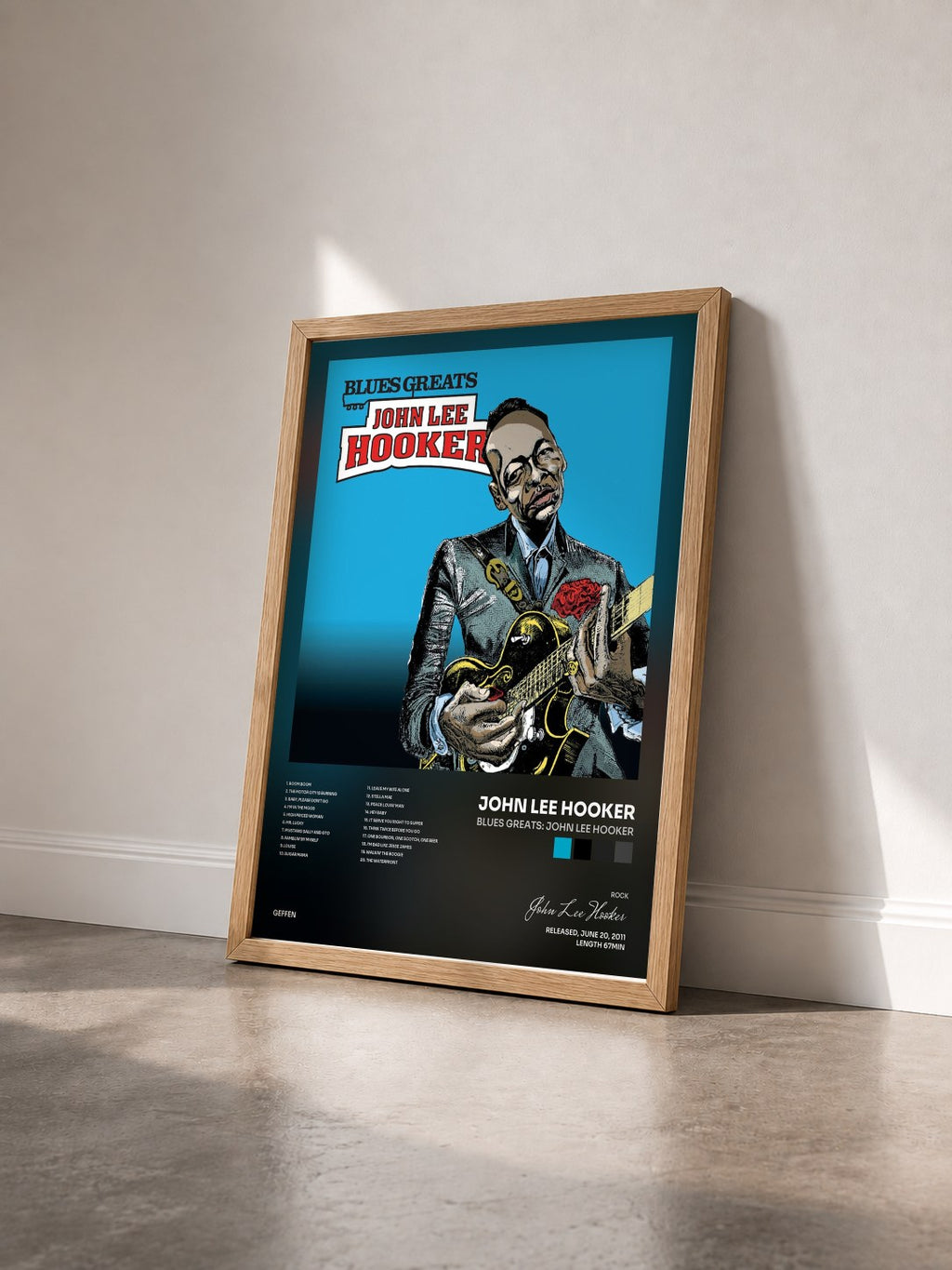 #bois Tableau de l'album Blues Greats: John Lee Hooker de John Lee Hooker vu de trois quarts, cadre en bois brut