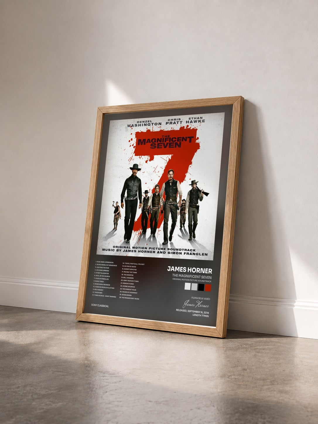 #bois Tableau de l'album The Magnificent Seven (Original Motion Picture Soundtrack) de James Horner vu de trois quarts, cadre en bois brut