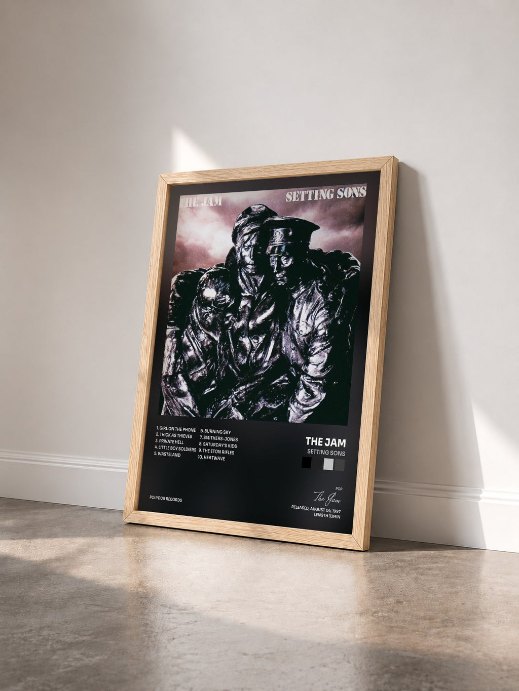#bois Tableau de l'album Setting Sons de The Jam vu de trois quarts, cadre en bois brut