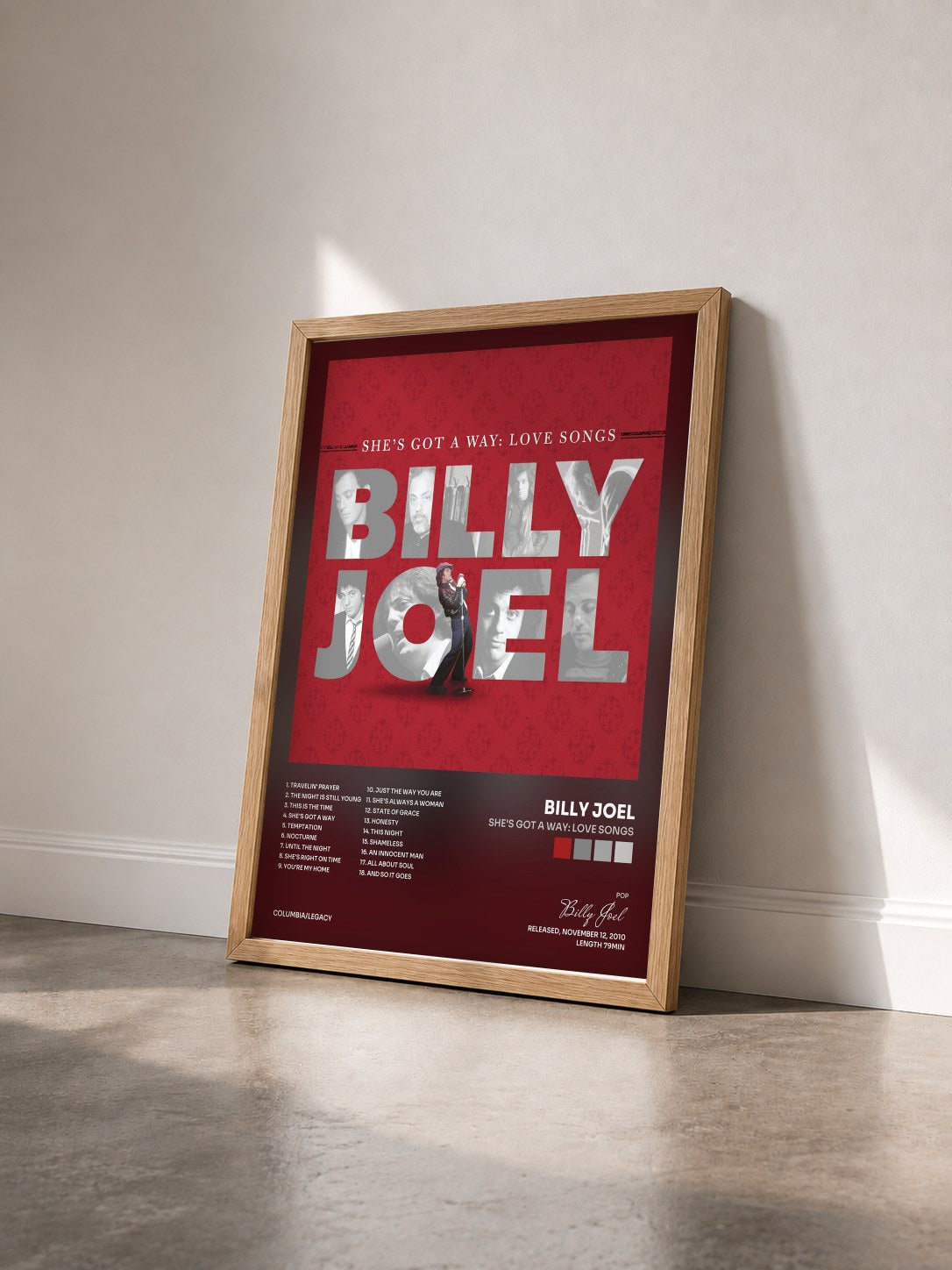 #bois Tableau de l'album She's Got A Way: Love Songs de Billy Joel vu de trois quarts, cadre en bois brut