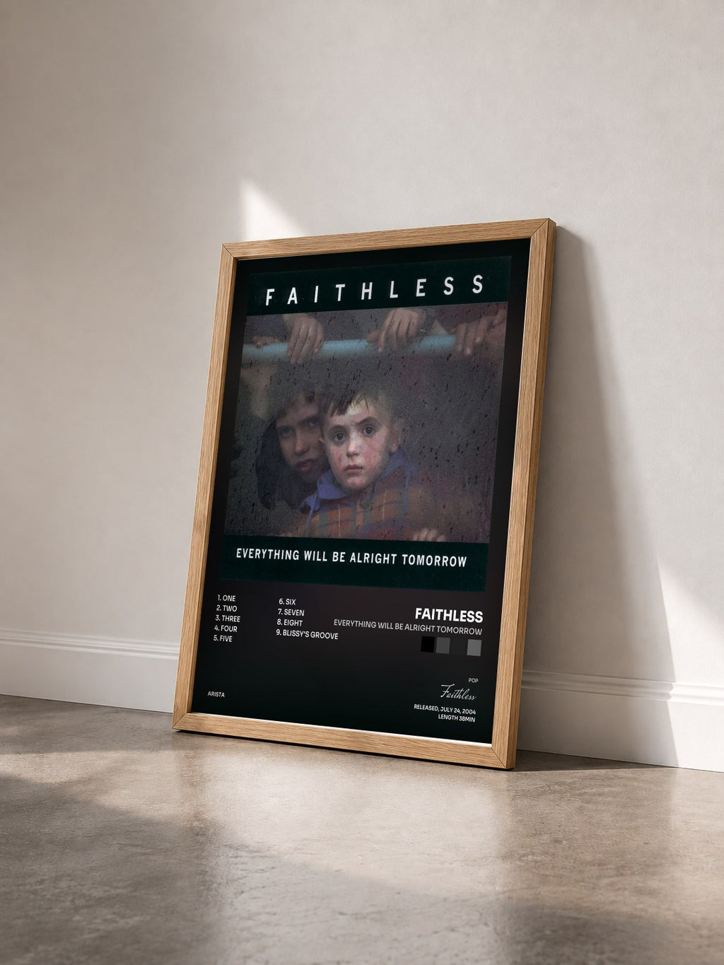 #bois Tableau de l'album Everything Will Be Alright Tomorrow de Faithless vu de trois quarts, cadre en bois brut