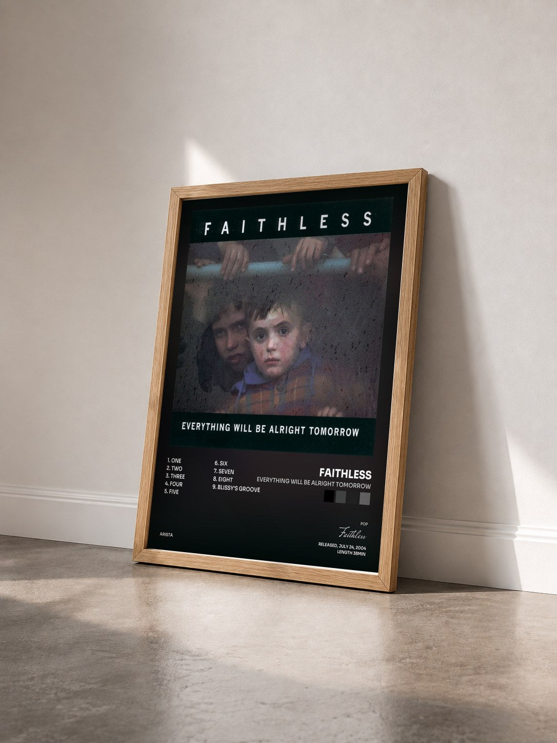 #bois Tableau de l'album Everything Will Be Alright Tomorrow de Faithless vu de trois quarts, cadre en bois brut