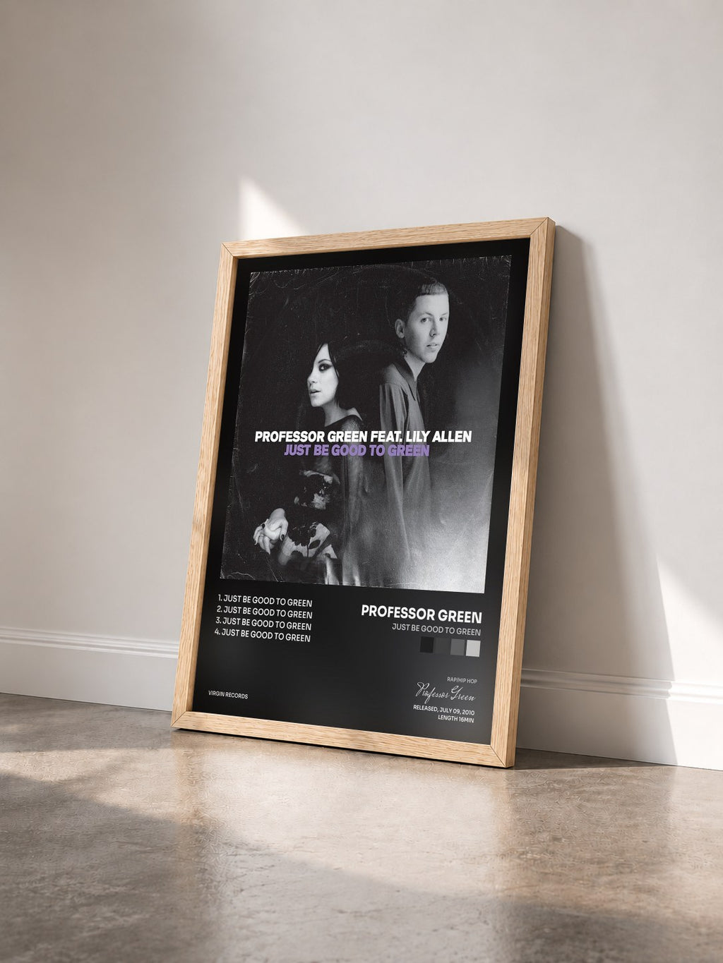 #bois Tableau de l'album Just Be Good To Green de Professor Green vu de trois quarts, cadre en bois brut