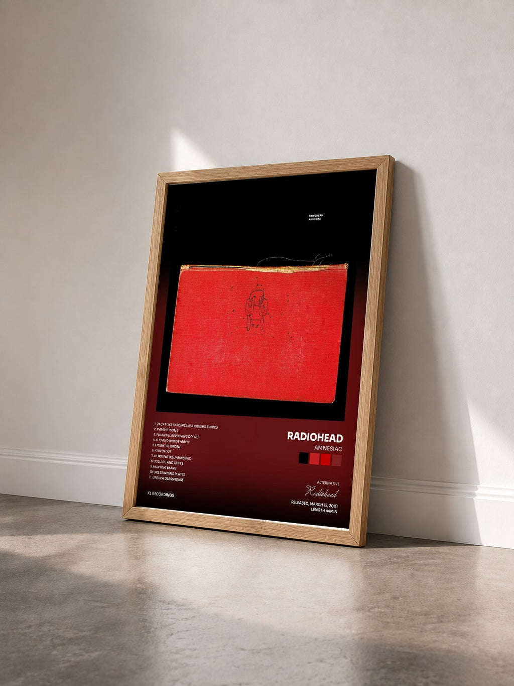 #bois Tableau de l'album Amnesiac de Radiohead vu de trois quarts, cadre en bois brut