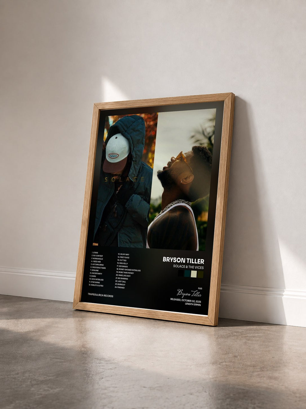 #bois Tableau de l'album Solace & The Vices de Bryson Tiller vu de trois quarts, cadre en bois brut
