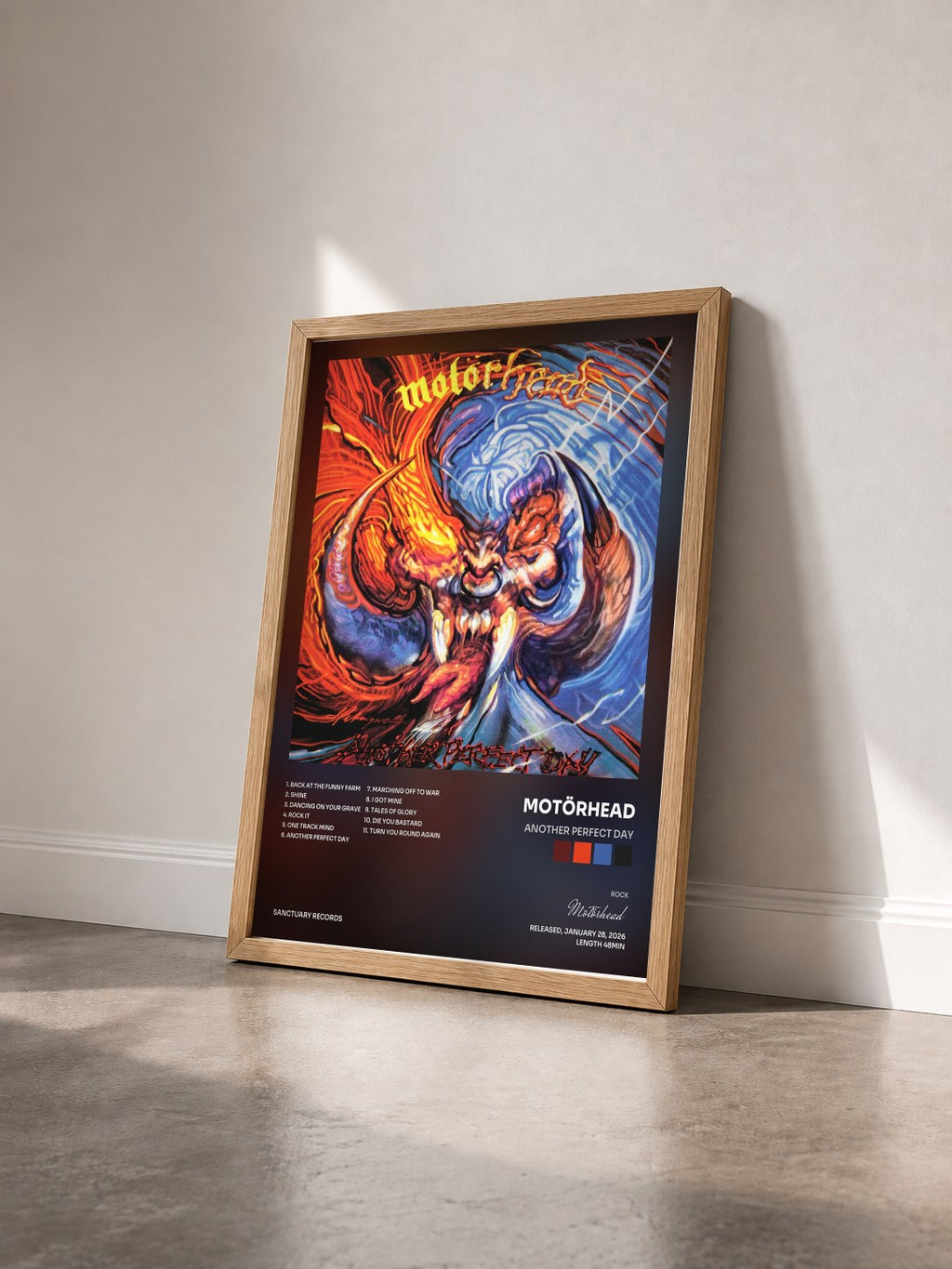 #bois Tableau de l'album Another Perfect Day de Motörhead vu de trois quarts, cadre en bois brut