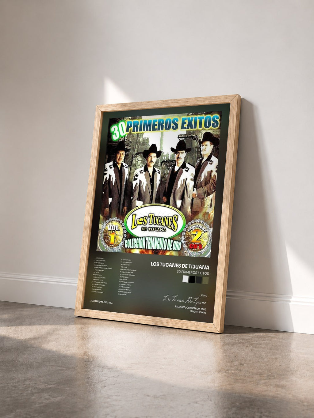 #bois Tableau de l'album 30 Primeros Exitos de Los Tucanes De Tijuana vu de trois quarts, cadre en bois brut