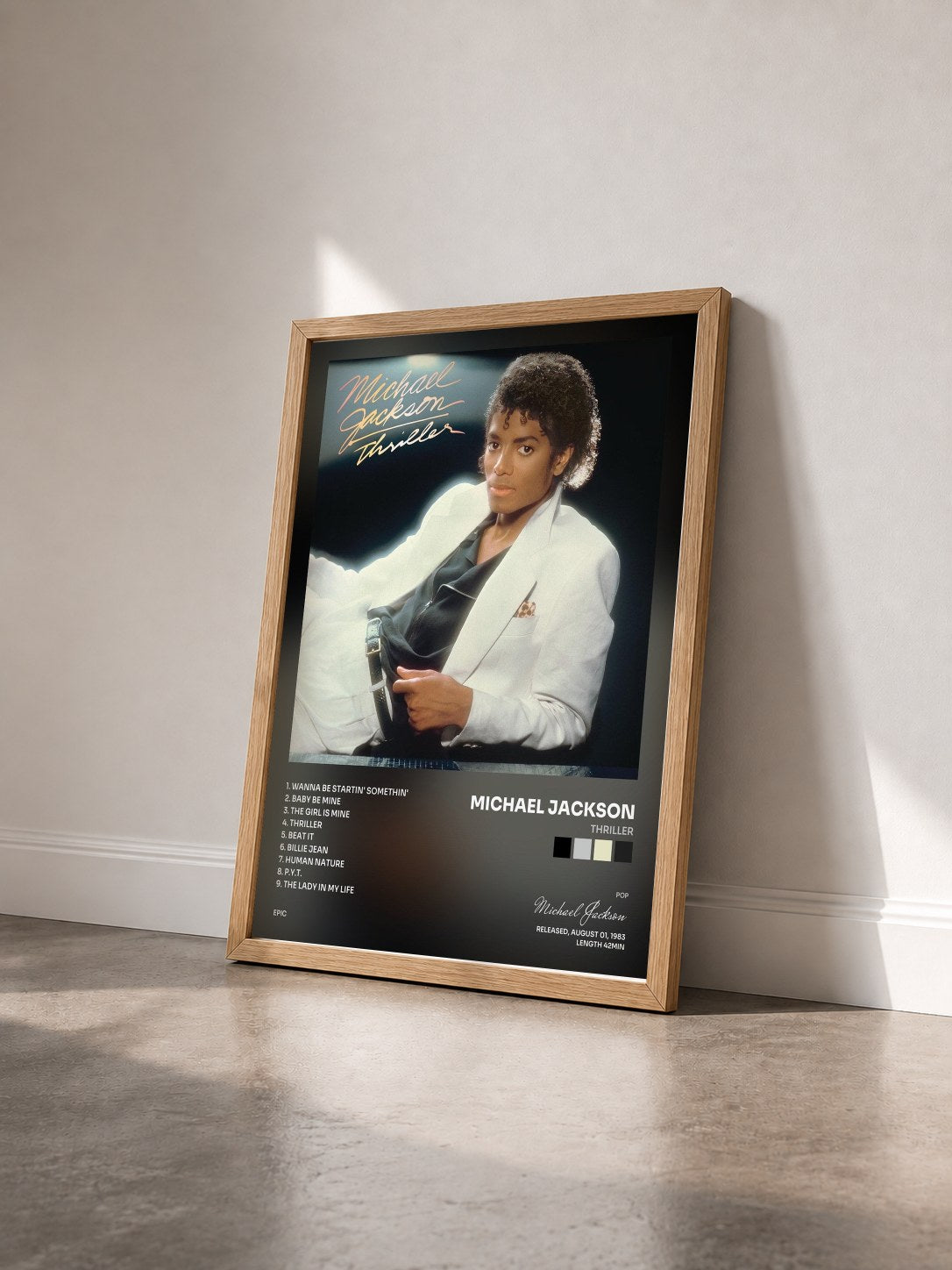 #bois Tableau de l'album Thriller de Michael Jackson vu de trois quarts, cadre en bois brut