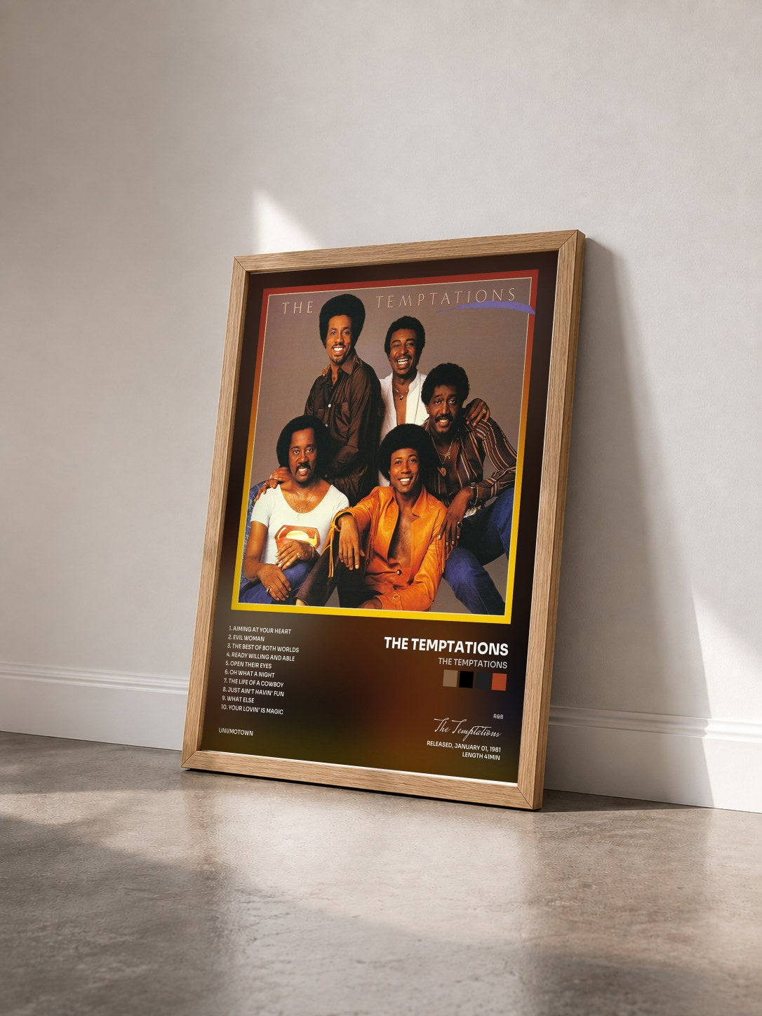 #bois Tableau de l'album The Temptations de The Temptations vu de trois quarts, cadre en bois brut