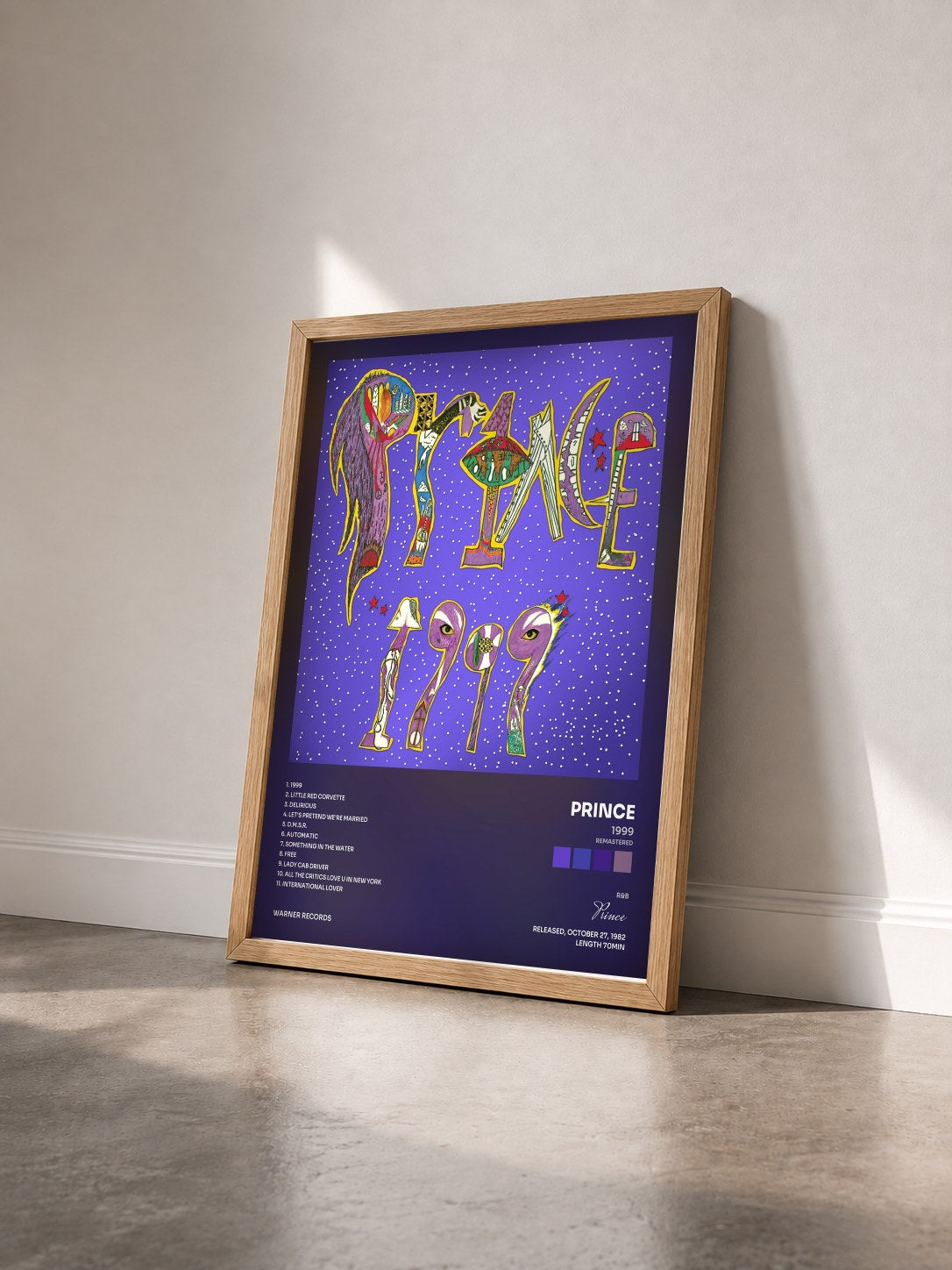 #bois Tableau de l'album 1999 (Remastered) de Prince vu de trois quarts, cadre en bois brut