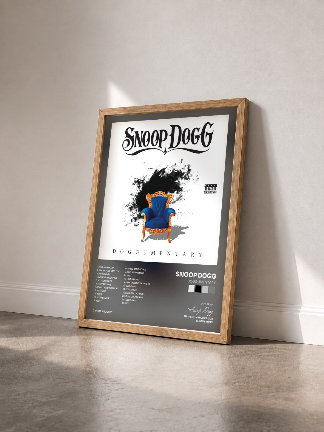 #bois Tableau de l'album Doggumentary de Snoop Dogg vu de trois quarts, cadre en bois brut