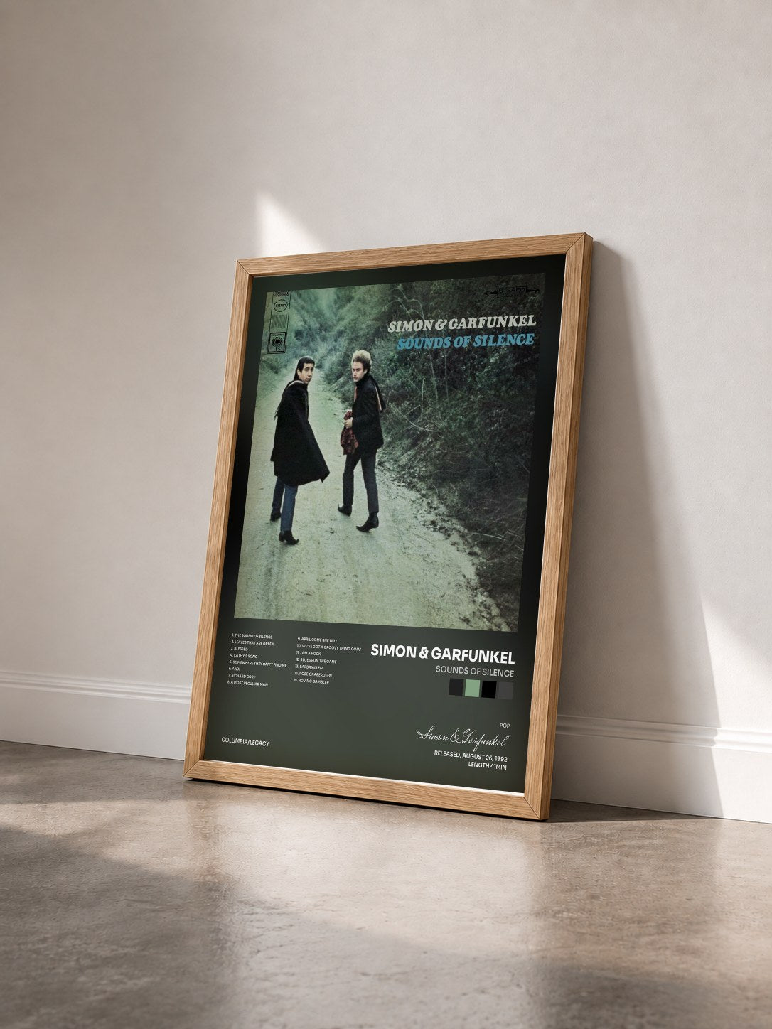 #bois Tableau de l'album Sounds Of Silence de Simon & Garfunkel vu de trois quarts, cadre en bois brut