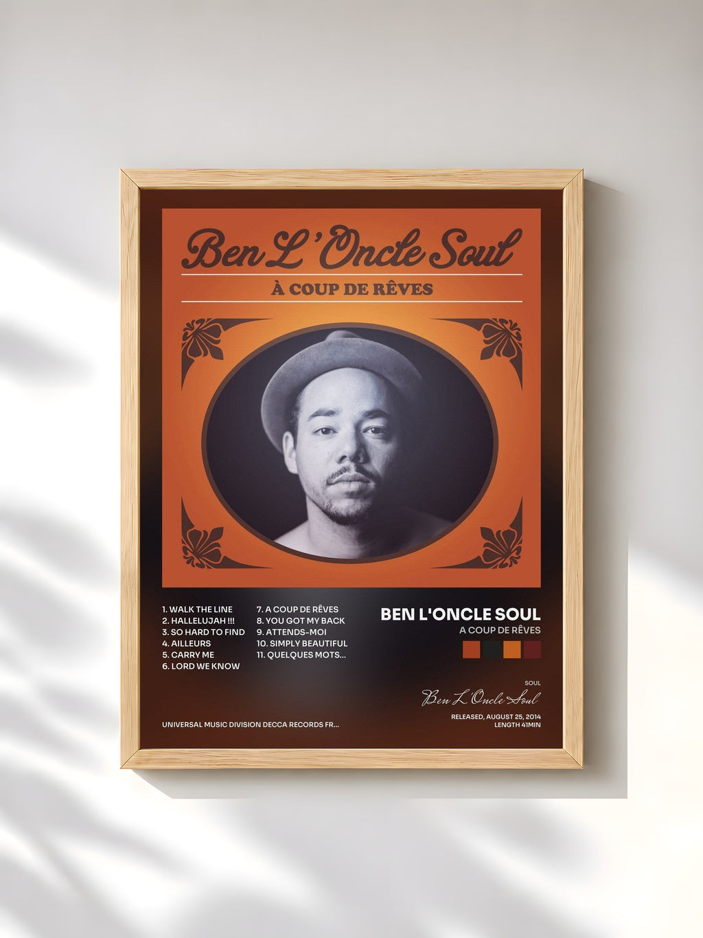 #bois Tableau de l'album A Coup De Rêves de Ben L'Oncle Soul, cadre en bois brut, imprimé et encadré en France