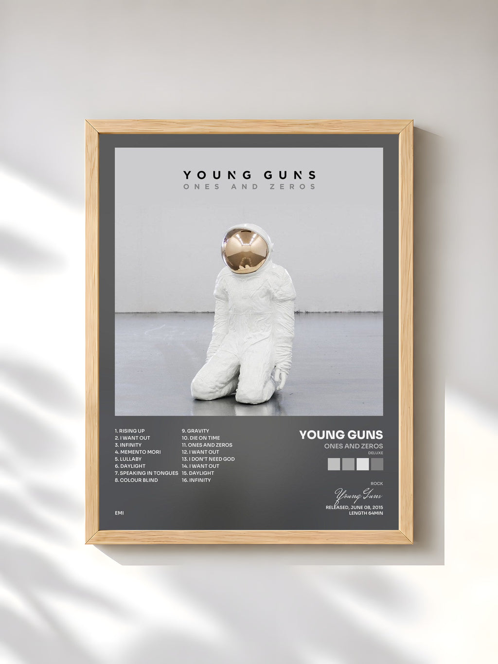 #bois Tableau de l'album Ones And Zeros (Deluxe) de Young Guns, cadre en bois brut, imprimé et encadré en France