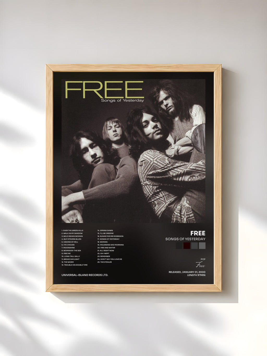 #bois Tableau de l'album Songs Of Yesterday de Free, cadre en bois brut, imprimé et encadré en France