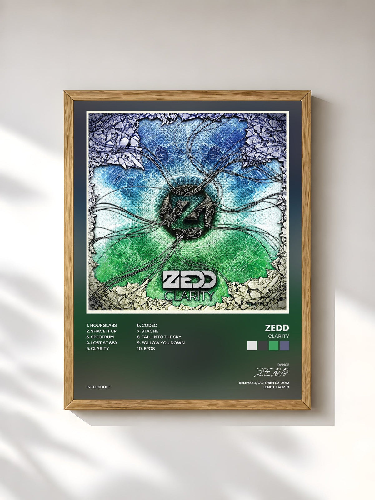 #bois Tableau de l'album Clarity de ZEDD, cadre en bois brut, imprimé et encadré en France