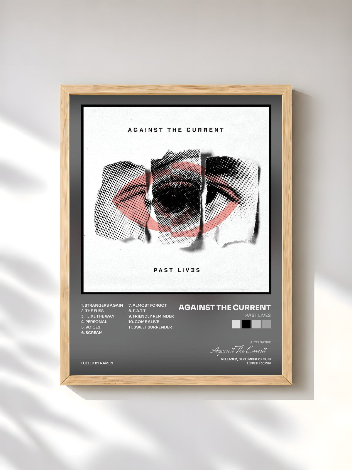 #bois Tableau de l'album Past Lives de Against The Current, cadre en bois brut, imprimé et encadré en France
