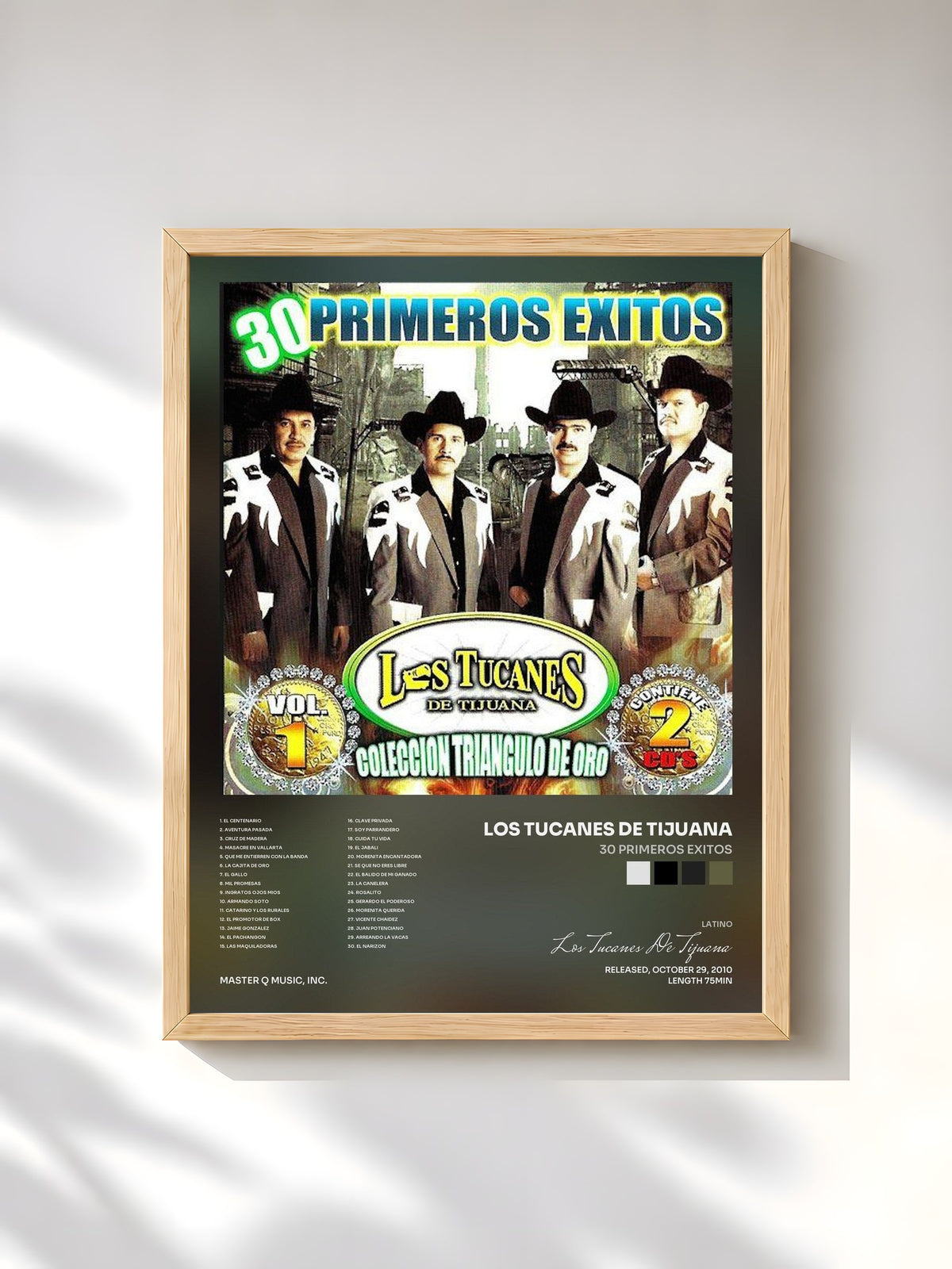 #bois Tableau de l'album 30 Primeros Exitos de Los Tucanes De Tijuana, cadre en bois brut, imprimé et encadré en France