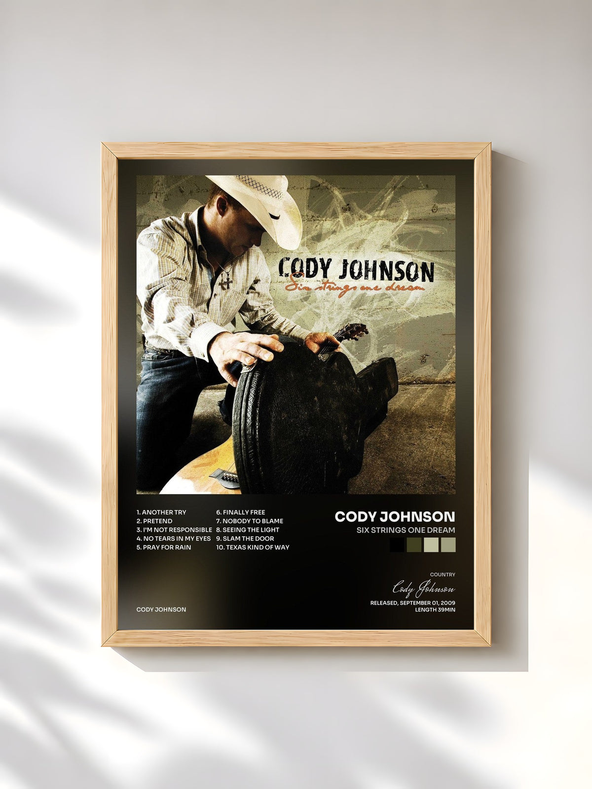 #bois Tableau de l'album Six Strings One Dream de Cody Johnson, cadre en bois brut, imprimé et encadré en France
