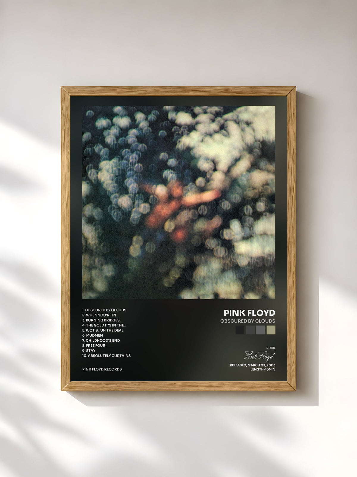 #bois Tableau de l'album Obscured by Clouds de Pink Floyd, cadre en bois brut, imprimé et encadré en France
