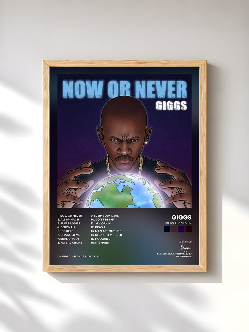 #bois Tableau de l'album Now Or Never de Giggs, cadre en bois brut, imprimé et encadré en France