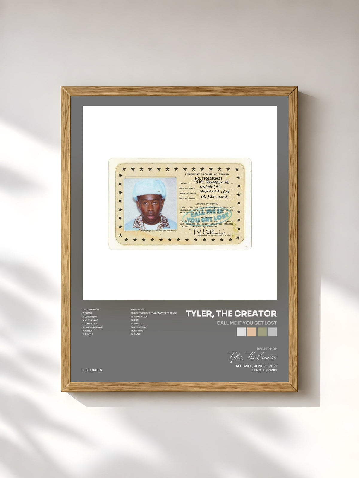 #bois Tableau de l'album CALL ME IF YOU GET LOST de Tyler, The Creator, cadre en bois brut, imprimé et encadré en France