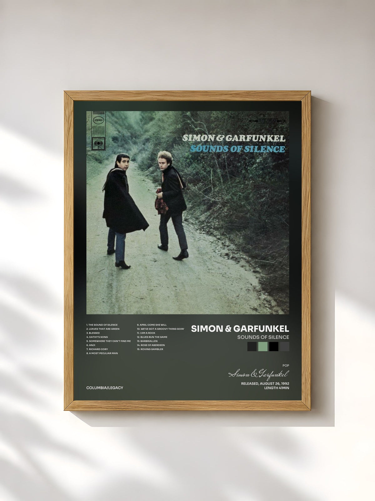 #bois Tableau de l'album Sounds Of Silence de Simon & Garfunkel, cadre en bois brut, imprimé et encadré en France