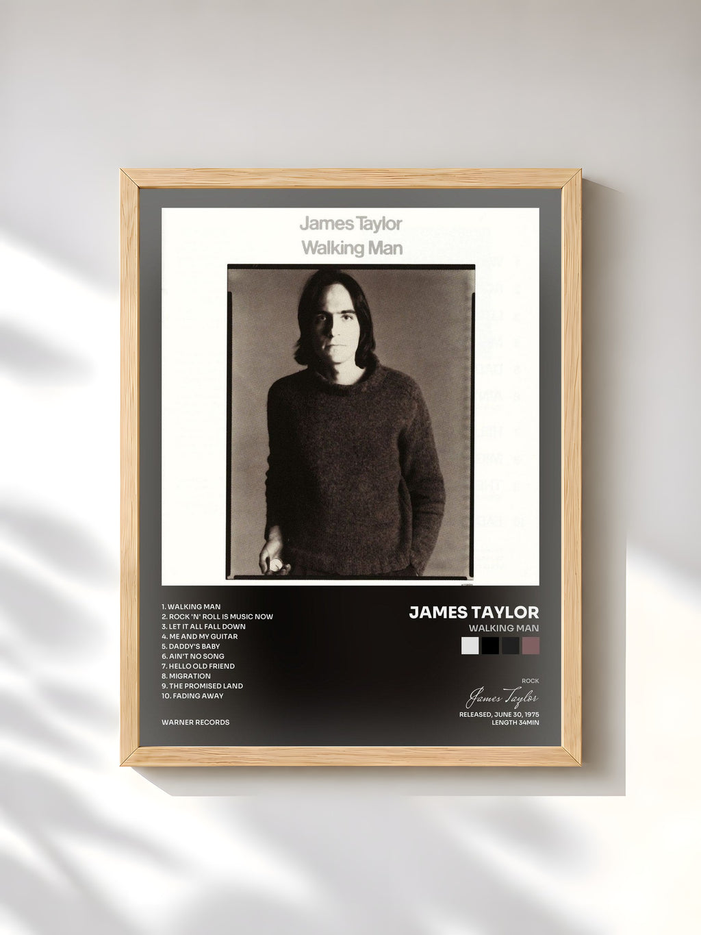 #bois Tableau de l'album Walking Man de James Taylor, cadre en bois brut, imprimé et encadré en France