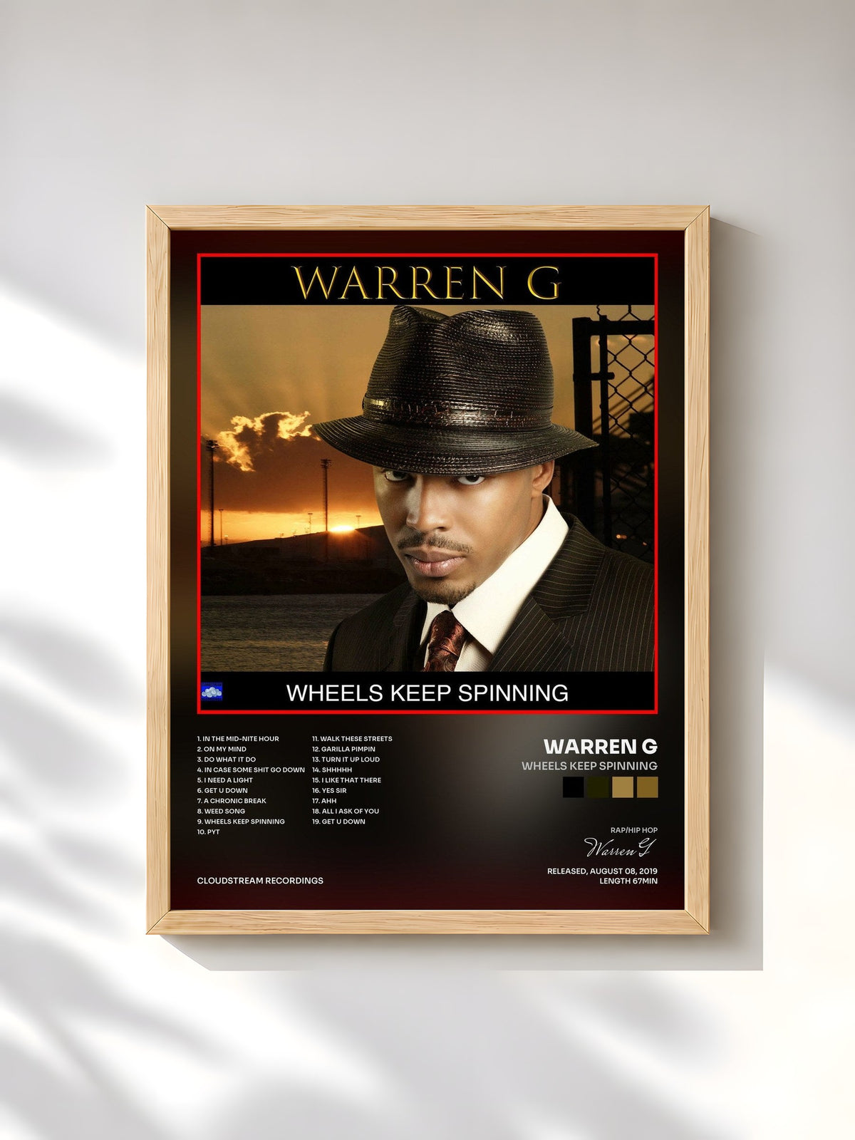 #bois Tableau de l'album Wheels Keep Spinning de Warren G, cadre en bois brut, imprimé et encadré en France