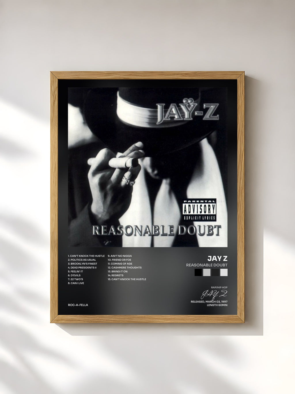 #bois Tableau de l'album Reasonable Doubt de JAY Z, cadre en bois brut, imprimé et encadré en France