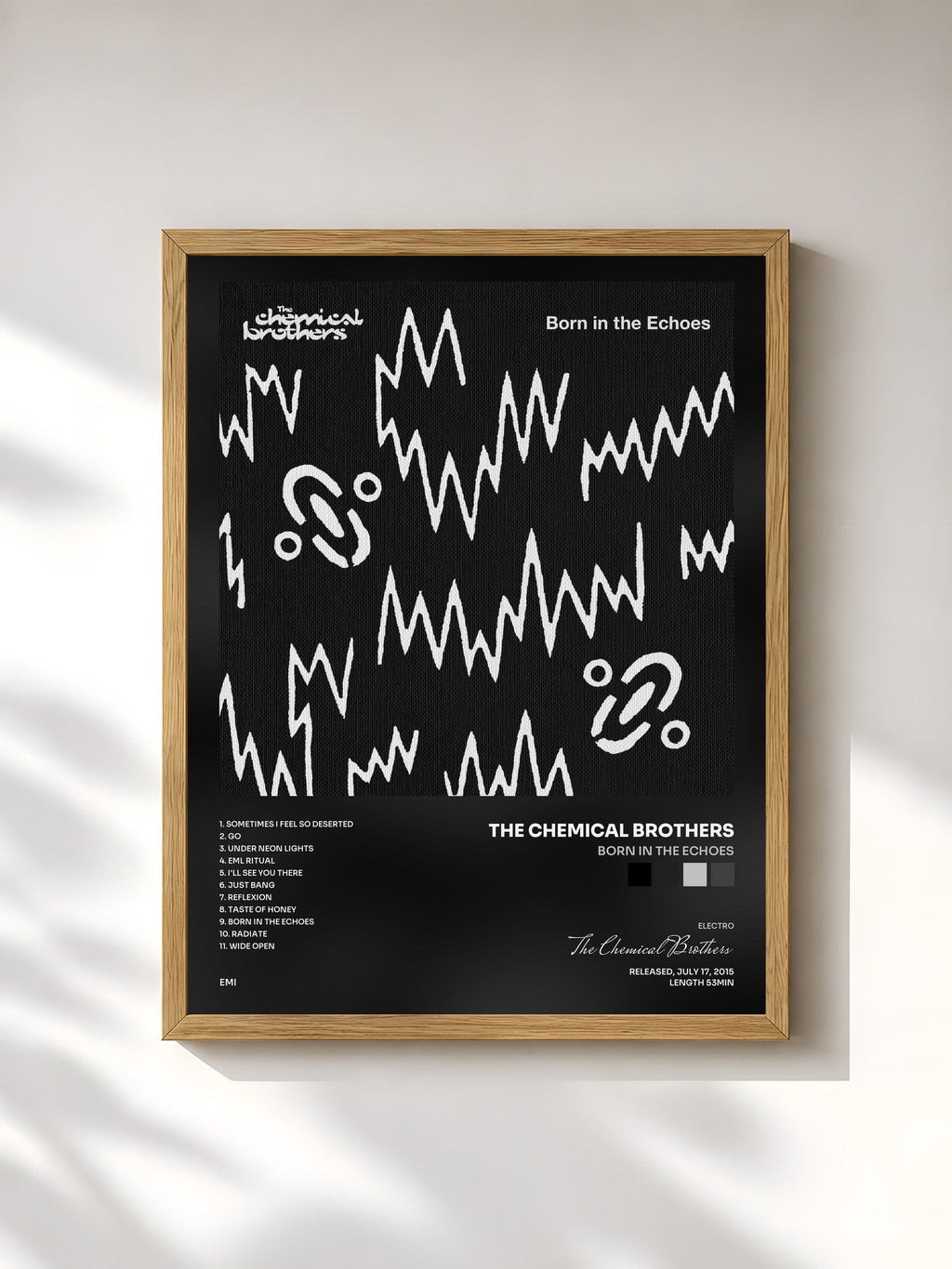 #bois Tableau de l'album Born In The Echoes de The Chemical Brothers, cadre en bois brut, imprimé et encadré en France